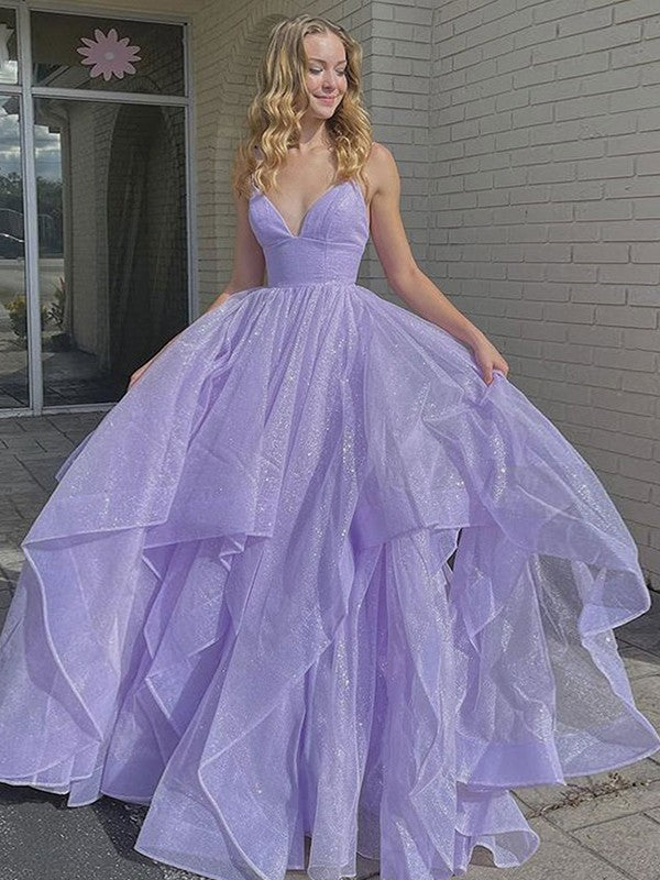 Gorgeous Lilac A-Line Ruffles V-neck Sleeveless Sweep/Brush Train Dresses