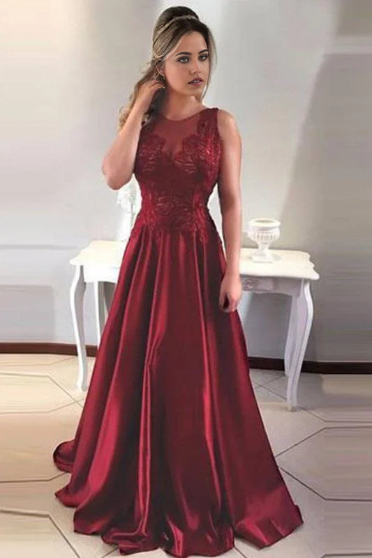 Vestido formal de noche de satén color granate con escote redondo y espalda en V de corte A y encaje