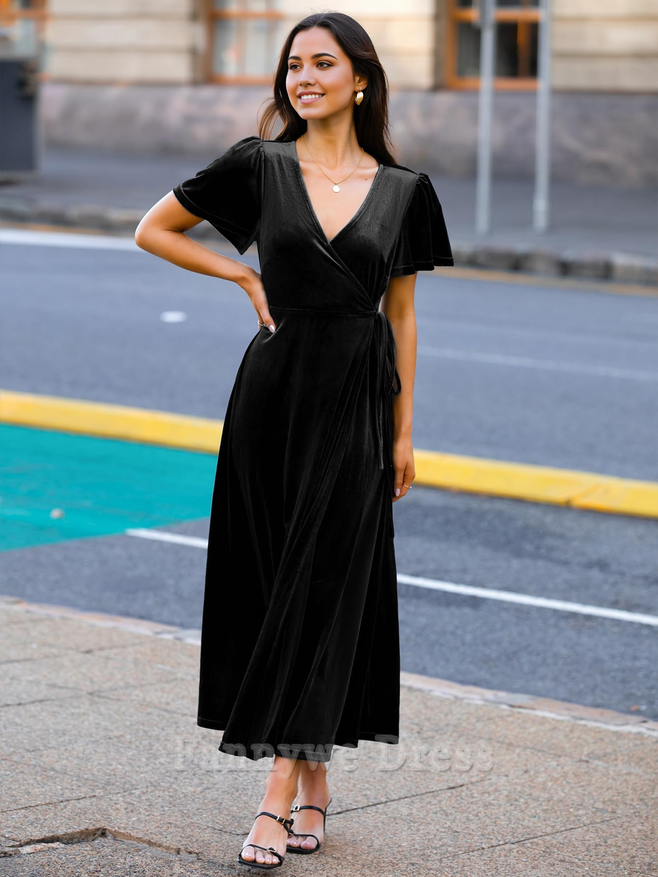 A-line Velvet V Neck Wrap Formal Bell Sleeve Bridesmaid Cocktail Party Long Dresses