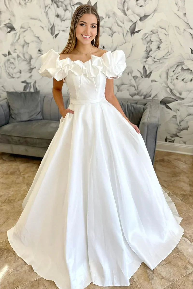 A-line Off-the-Shoulder Ruffle Long Bridal Gown Wedding Dresses