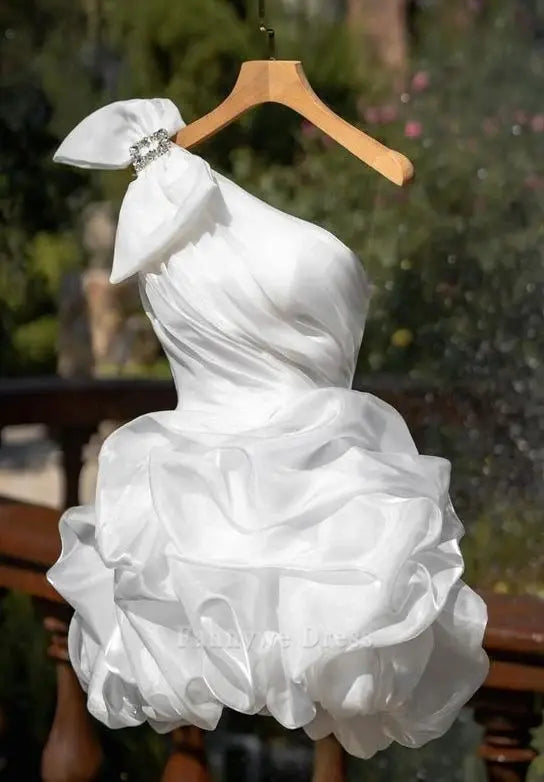 A-line One Shoulder White Short formal dresses evening gown Prom Dress Wedding Dress