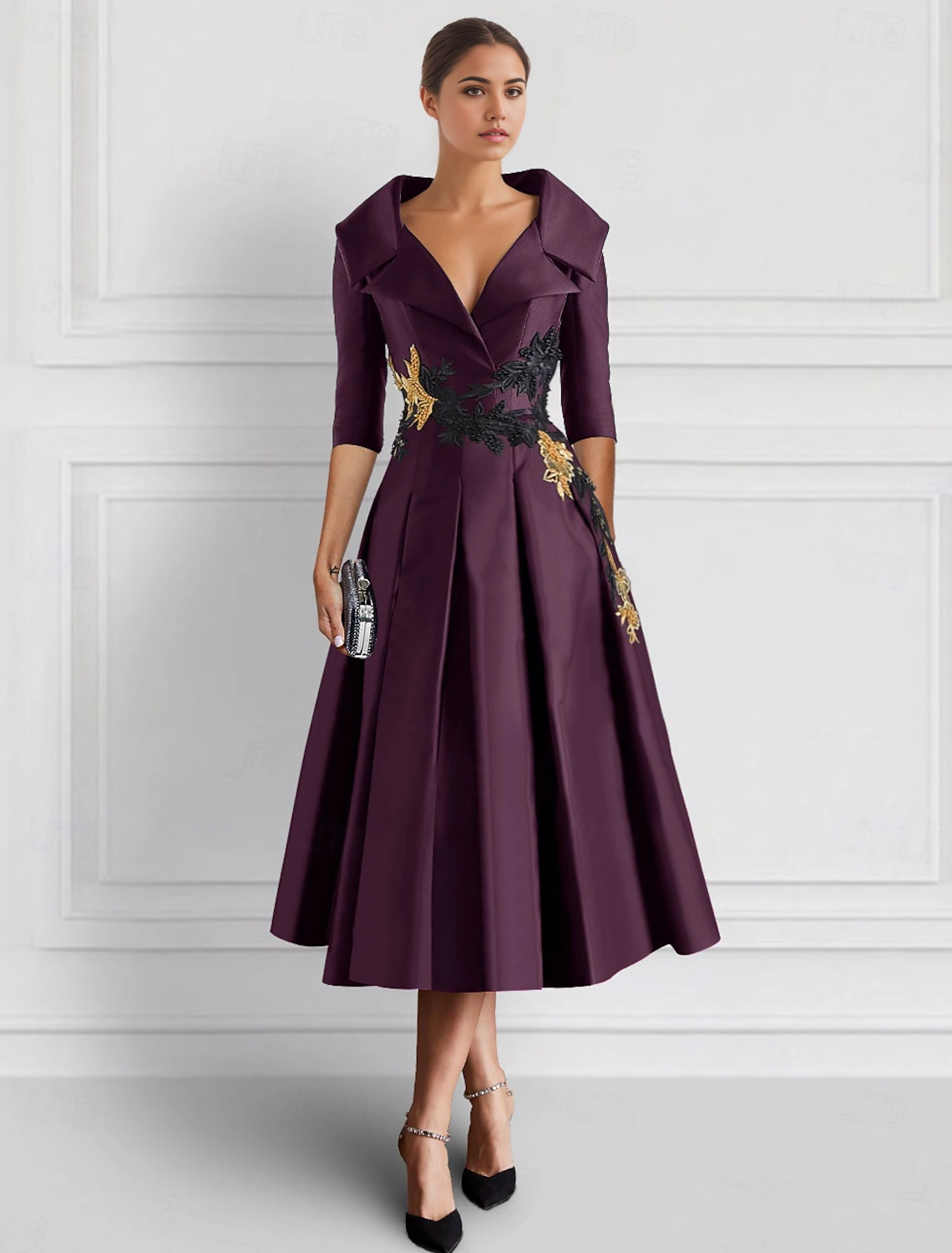 Black Purple Embroidered A-Line Cocktail Dresses Mother of Bride Elegant Formal Ankle Length 3/4 Length Sleeve Shirt Collar Pocket Satin with Appliques
