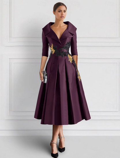 Black Purple Embroidered A-Line Cocktail Dresses Mother of Bride Elegant Formal Ankle Length 3/4 Length Sleeve Shirt Collar Pocket Satin with Appliques