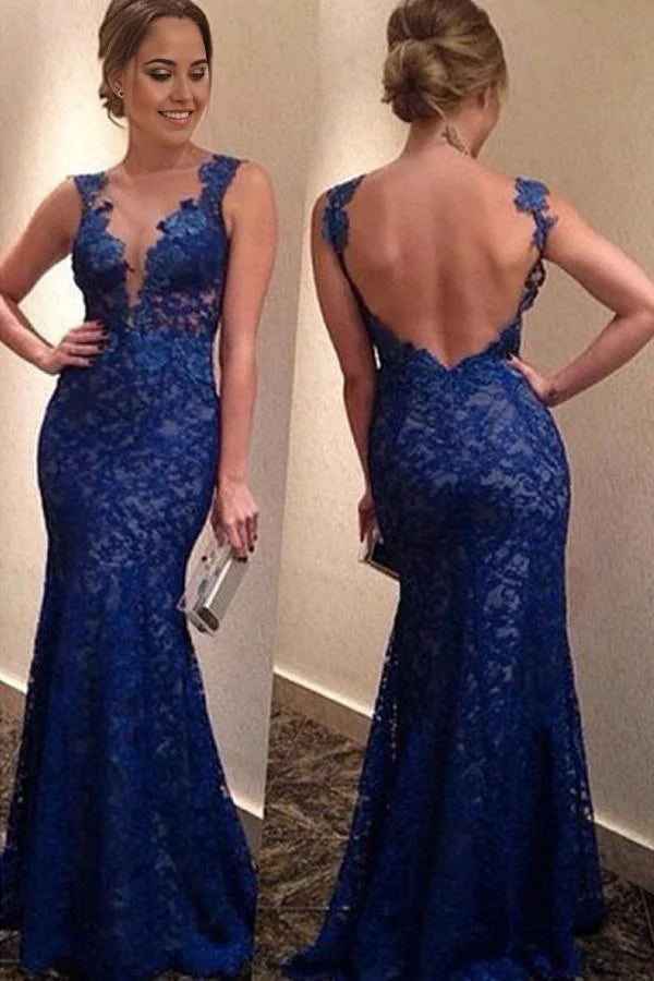 Mermaid Elegant Royal Blue formal dresses Prom Dress Evening Gowns With Lace Appliques