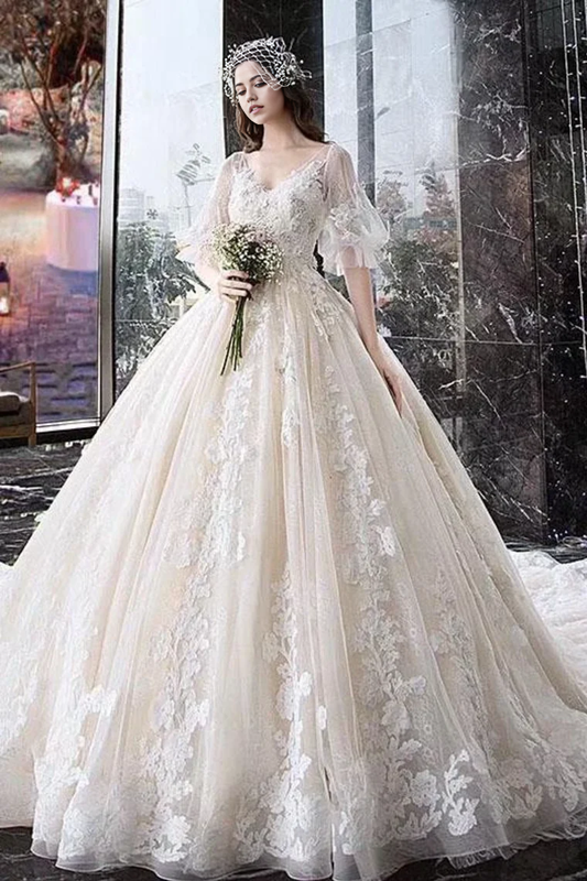 A-line V Neck Princess Half Sleeve Ball Gown Appliques Bridal  Wedding Dresses