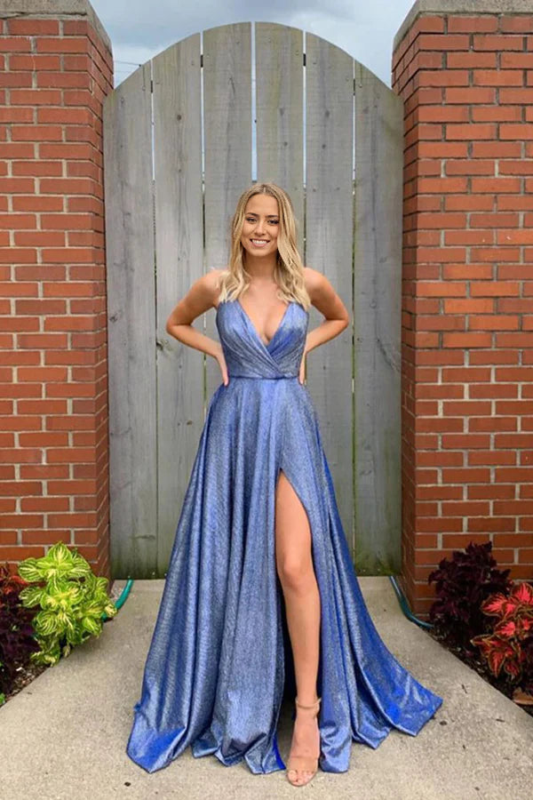 A-line V-neck Spaghetti Straps Open Back Prom Dresses