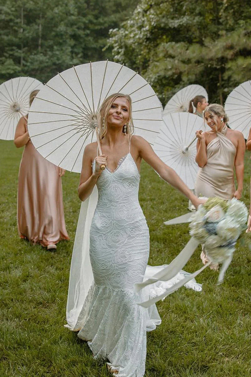 Mermaid V Neck Lace Boho Wedding Dresses