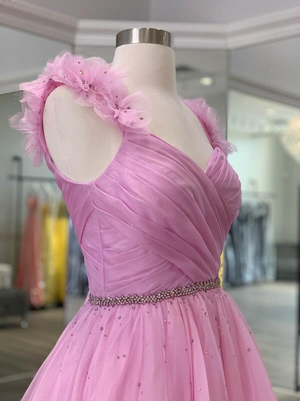 A-Line/Princess Organza Ruffles V-neck Sleeveless Sweep/Brush Train Dresses