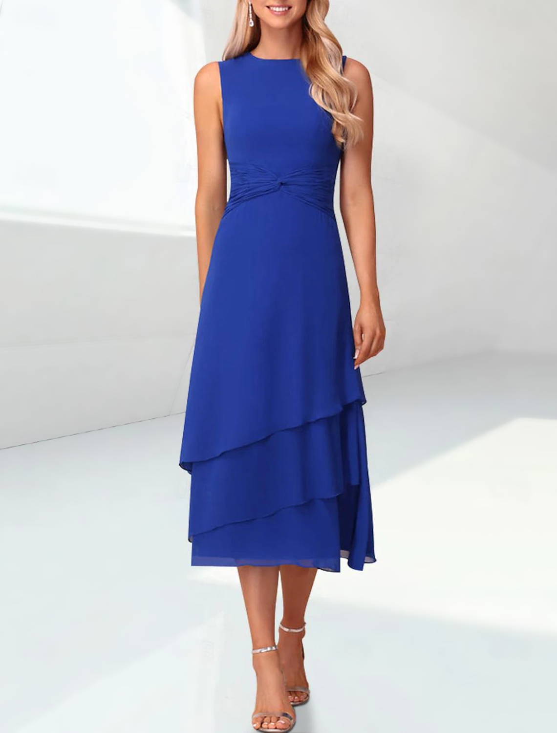 Sheath / Column Mother of the Bride Dress Elegant Jewel Neck Tea Length Chiffon 3/4 Length Sleeve Wrap Included with Ruching free custom size