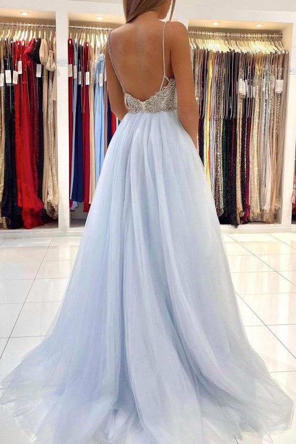 Tulle Long Backless Gown Prom Dresses