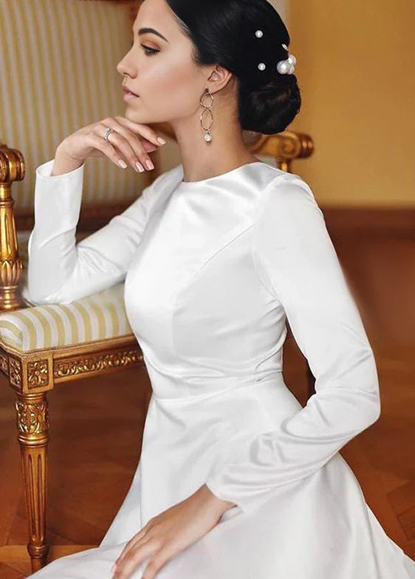 A-Line Bateau Neckline Long Sleeves Vintage Satin Bridal Gown Wedding Dresses