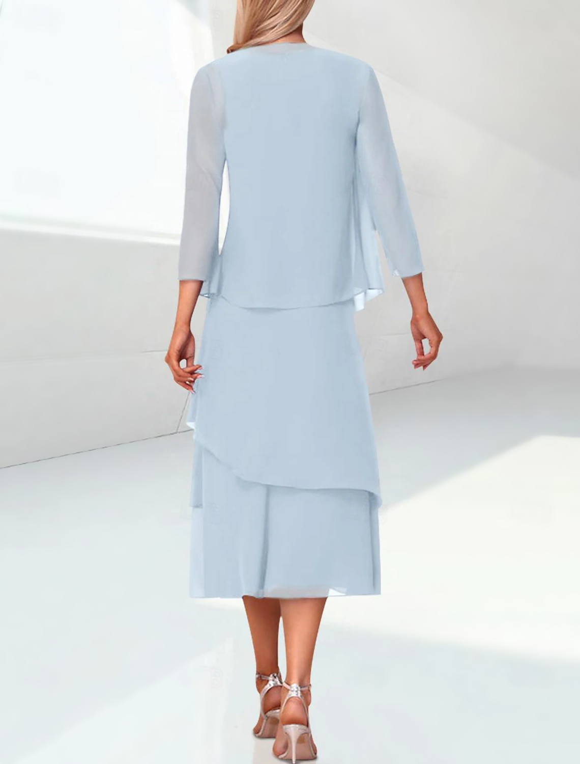 Sheath / Column Mother of the Bride Dress Elegant Jewel Neck Tea Length Chiffon 3/4 Length Sleeve Wrap Included with Ruching free custom size