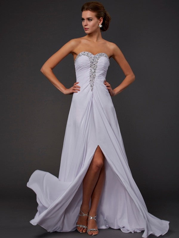 Sheath Chiffon Strapless Sleeveless Floor-Length With Beading Dresses