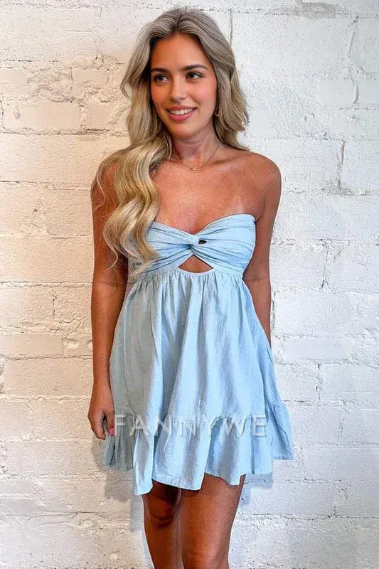 FannyWe Simple A-Line Strapless Empire-Waist V-Neck Pleated Satin Short Homecoming Dress formal wear dresses