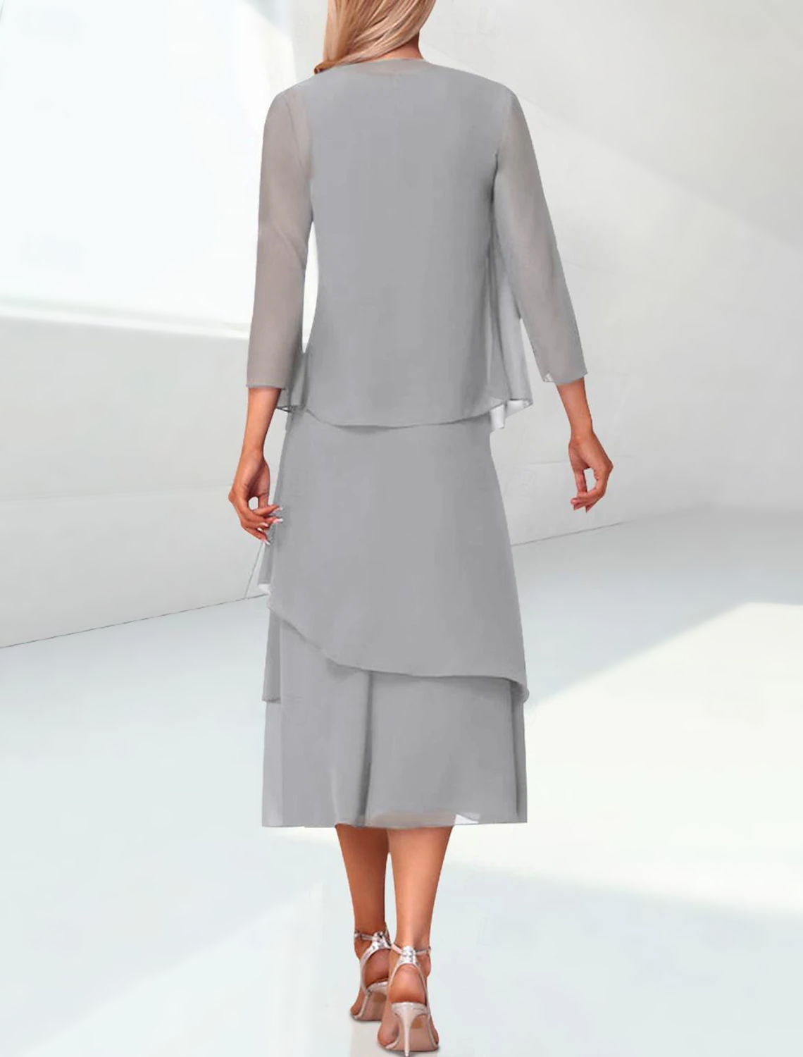 Sheath / Column Mother of the Bride Dress Elegant Jewel Neck Tea Length Chiffon 3/4 Length Sleeve Wrap Included with Ruching free custom size