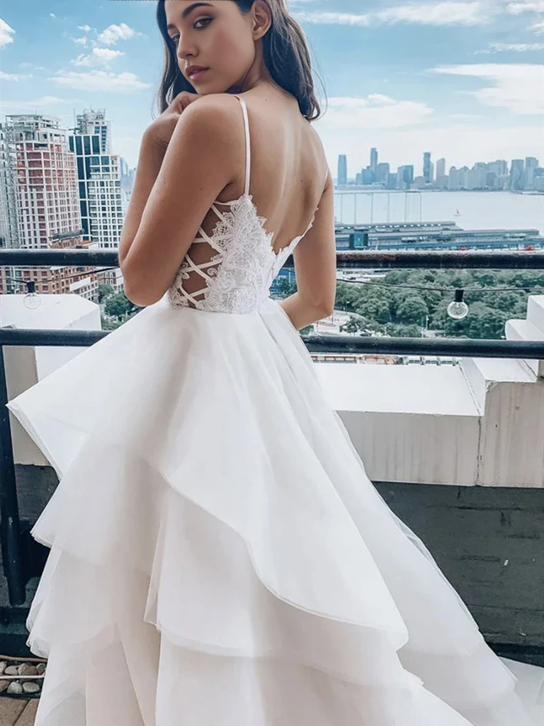 A-line V Neck White Lace Prom Dresses Wedding Dresses Bridal Dresses