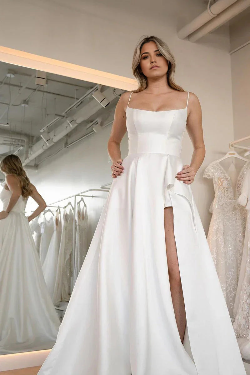 Vestidos de novia de satén con escote redondo y corte A sencillos con abertura