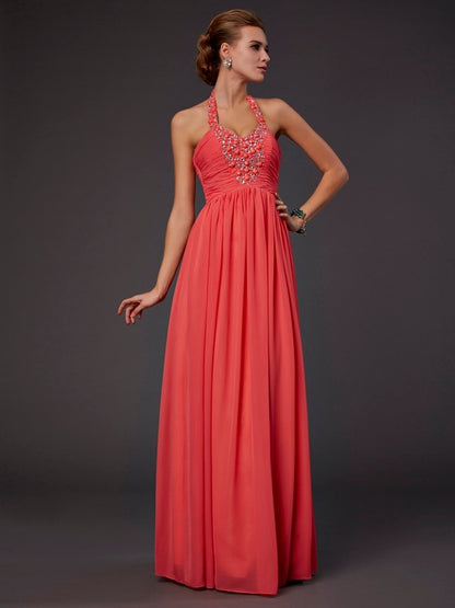 A-Line Chiffon Halter Sleeveless Floor-Length With Beading Dresses