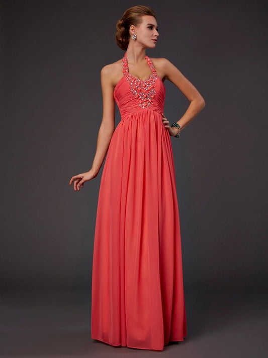 A-Line Chiffon Halter Sleeveless Floor-Length With Beading Dresses