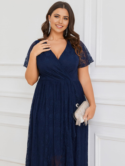 Vestidos formales de talla grande, corte A, escote en V, mangas con volantes, plisados, sueltos, de encaje, de corte alto bajo, para dama de honor, vestido de noche, vestido de fiesta 