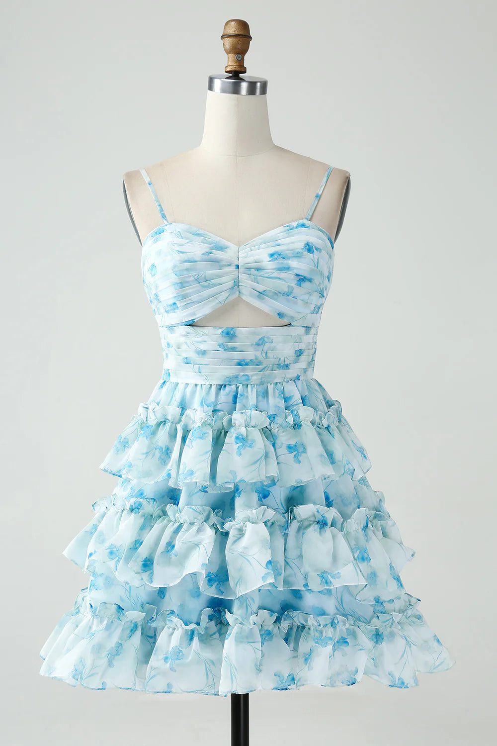 A-Line Spaghetti Straps Tiered Floral Short Homecoming Dress
