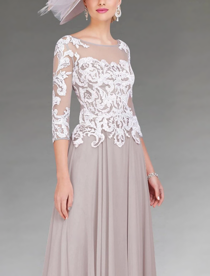 A-Line Mother of the Bride Dress Elegant Jewel Neck Asymmetrical Ankle Length Chiffon Lace 3/4 Length Sleeve with Appliques free custom size