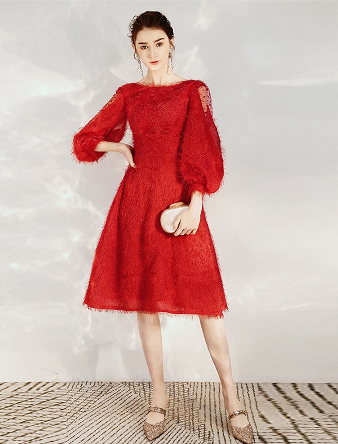 Vestido de cóctel de corte A, estilo princesa, largo hasta la rodilla, manga 3/4, cuello joya, nailon con faja/cinta, color puro.