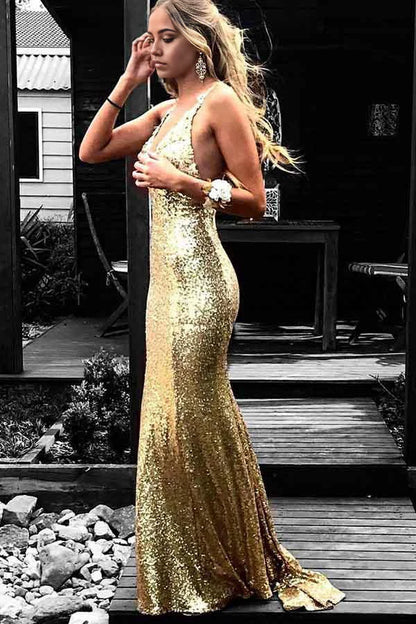 Meerjungfrau-Ballkleid mit V-Ausschnitt, rückenfrei, mit Pailletten und Applikationen in Gold