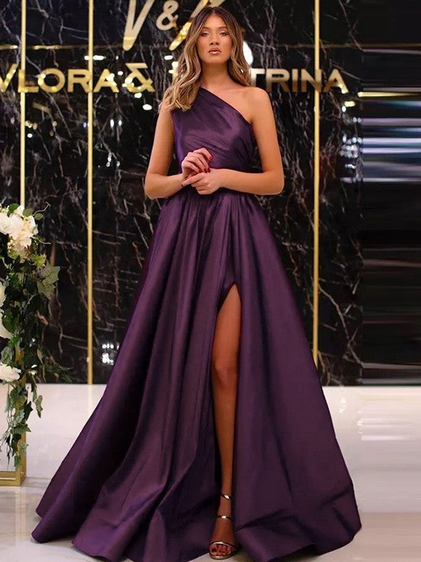 Vestidos de satén con volantes, corte A, un hombro, sin mangas, con cola larga