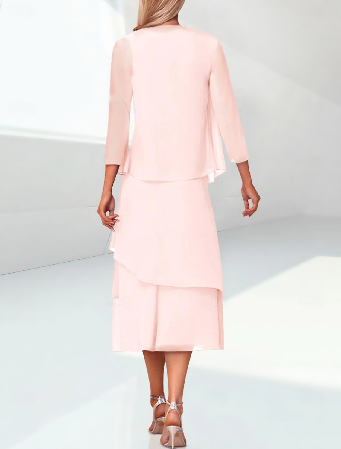 Sheath / Column Mother of the Bride Dress Elegant Jewel Neck Tea Length Chiffon 3/4 Length Sleeve Wrap Included with Ruching free custom size