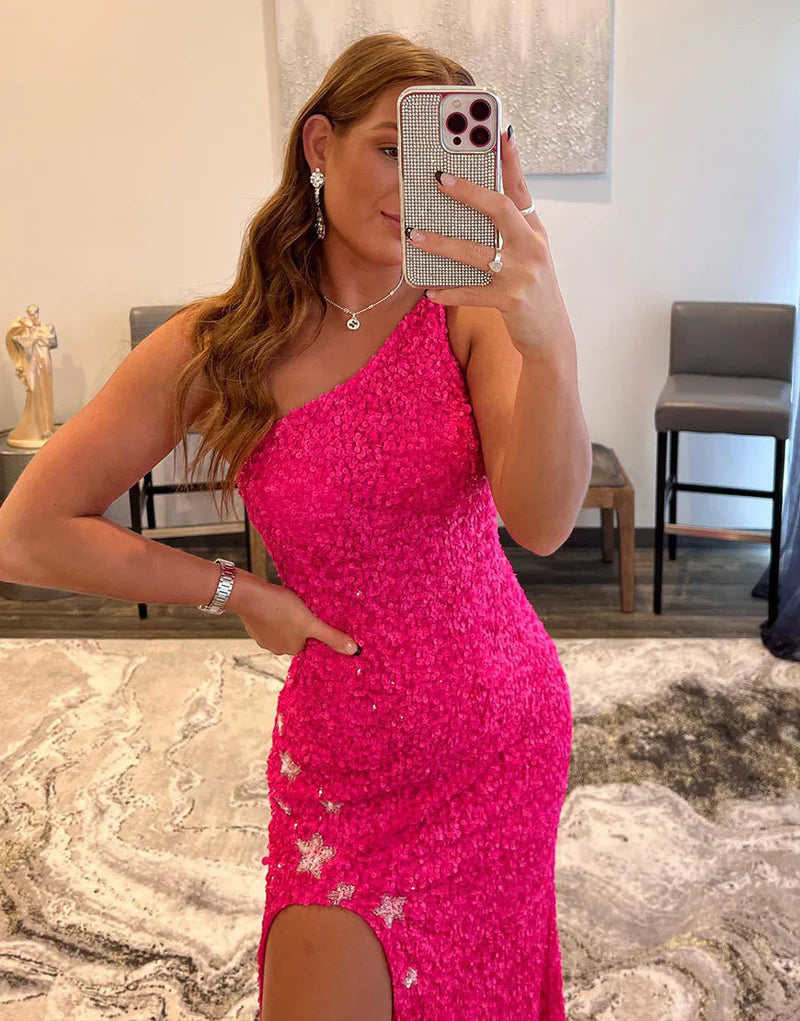 Vestido de fiesta de sirena con un solo hombro, lentejuelas y estrellas