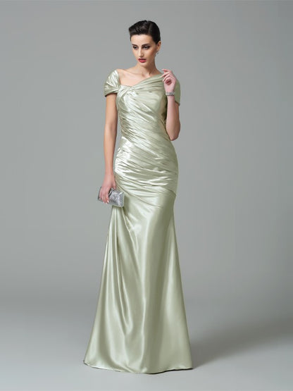 Sheath Silk like Satin Off-the-Shoulder Sleeveless Floor-Length With Pleats Dresses