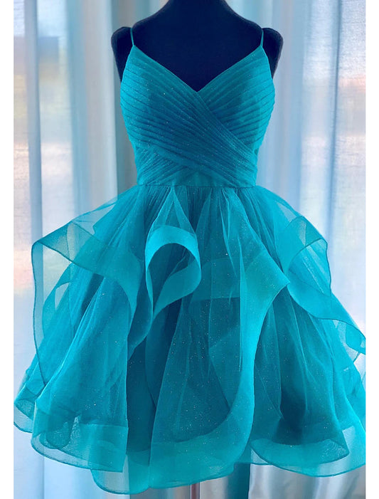 Vestidos de fiesta con cuello halter, minivestidos brillantes, vestidos abullonados con capas, sin mangas, tirantes finos, tul