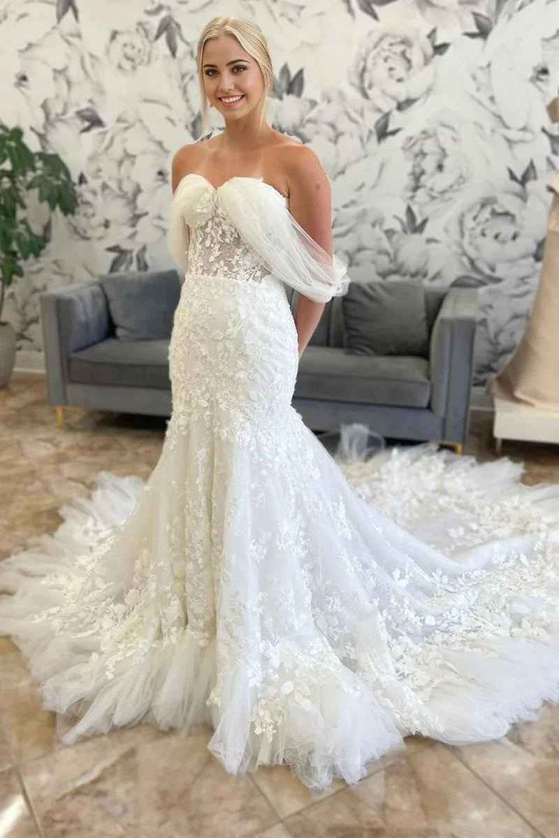 Mermaid Off-the-Shoulder Tulle Appliques Long Wedding Dress