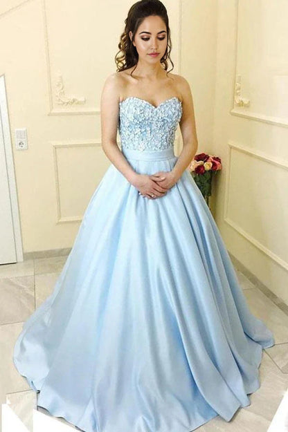 A-Linie/Princess-Linie Herzausschnitt Trägerlos Blau Satin Lange Ballkleider