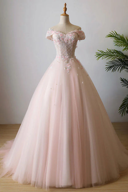 Vestido de fiesta largo de tul con encaje y hombros descubiertos