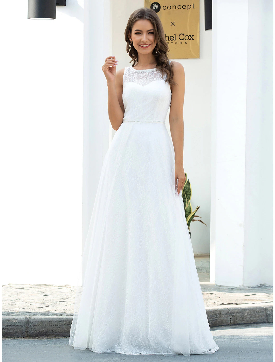 Strand-Brautkleider A-Linie U-Ausschnitt Ärmellos Bodenlang Spitze Brautkleider Mit Spitze