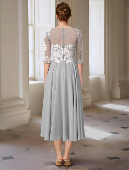A-Line Mother of the Bride Dress Elegant Jewel Neck Asymmetrical Ankle Length Chiffon Lace 3/4 Length Sleeve with Appliques free custom size