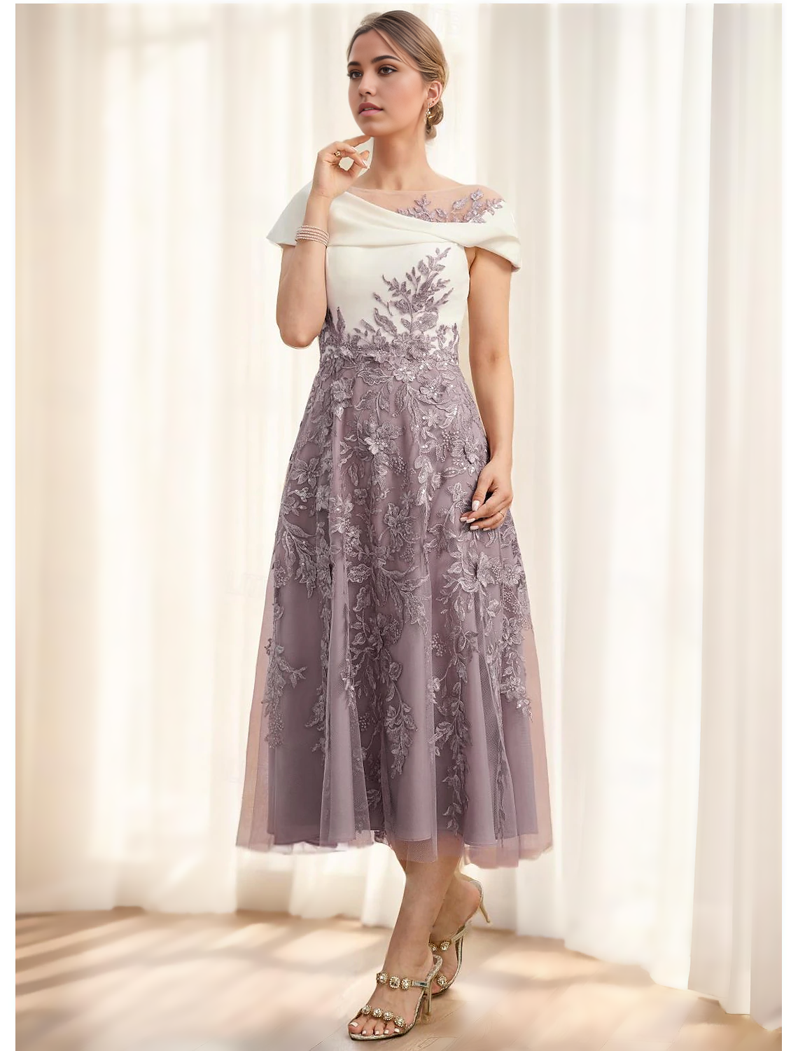 A-Line Mother of the Bride Dress Elegant Vintage Party Cowl Neck Bateau Neck Illusion Neck Ankle Length Tea Length Lace Stretch Fabric Short Sleeve Cap Sleeve with Bow(s) Ruched Appliques