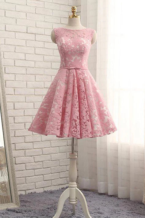 Round neck lace short prom dress