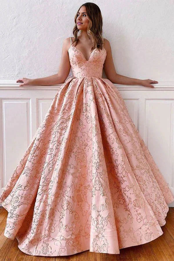 A-line V-neck Straps Cross Back Satin Ball Gown Long Prom Dresses