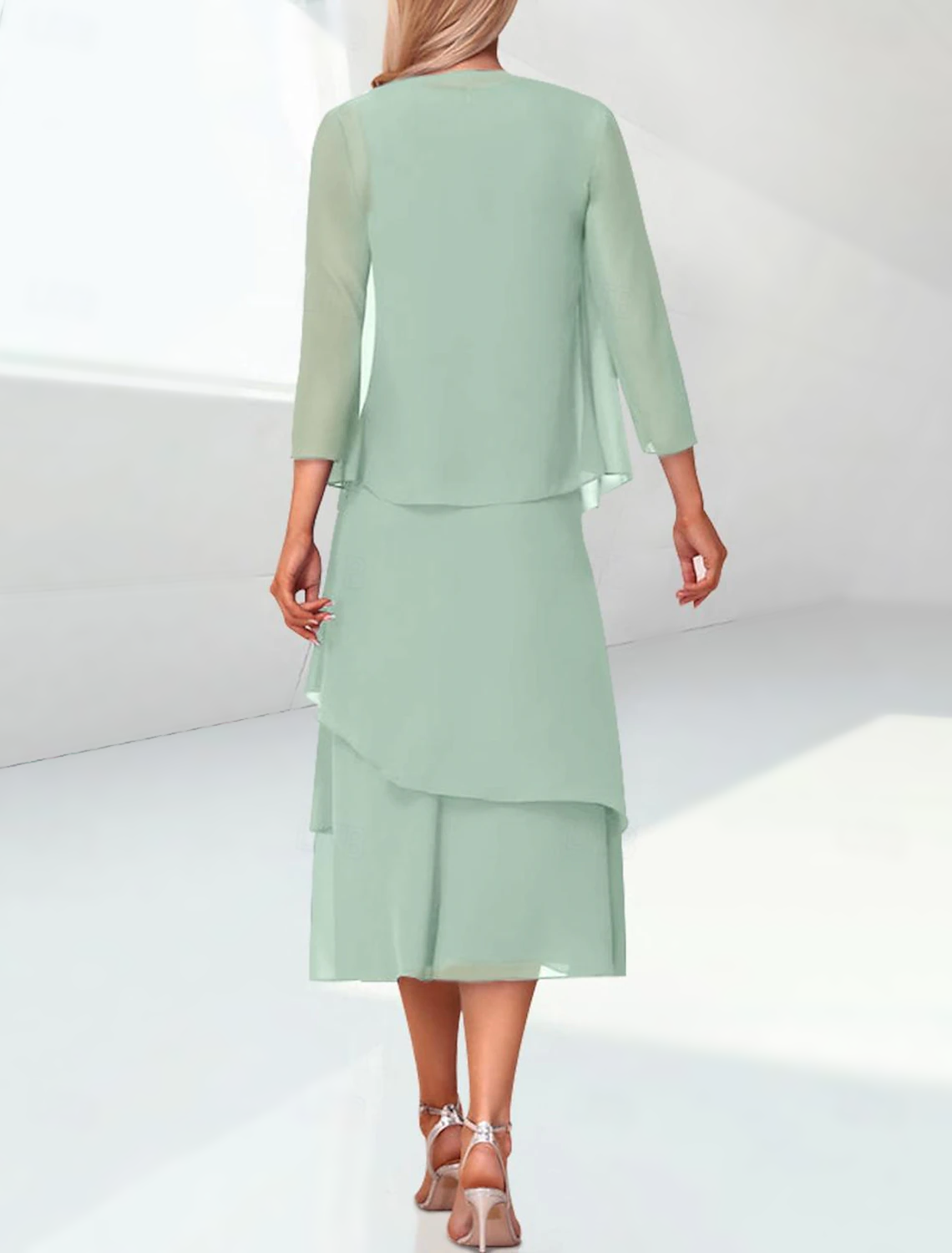 Sheath / Column Mother of the Bride Dress Elegant Jewel Neck Tea Length Chiffon 3/4 Length Sleeve Wrap Included with Ruching free custom size