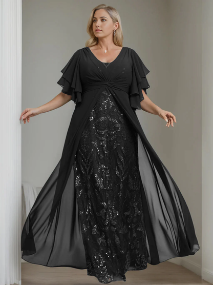 Plus Size A-Line Princess V-Neck Half Sleeves Floor-Length Mother of the Bride Dresses with Pleated