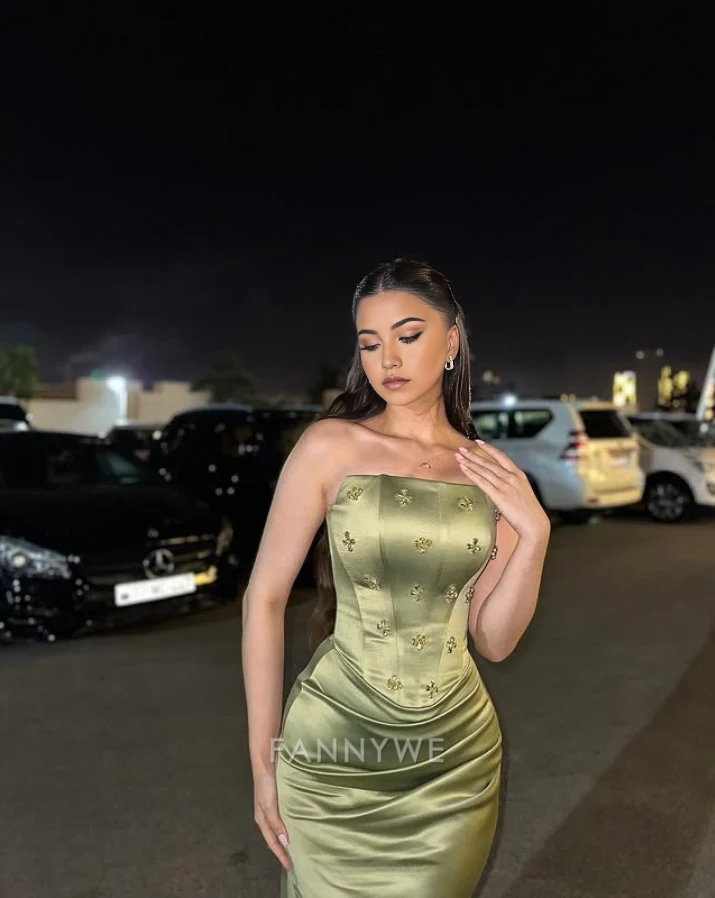 Mermaid Charming Strapless Beads Satin Green formal dresses Bridesmaid Dresses evening gown Prom Dress