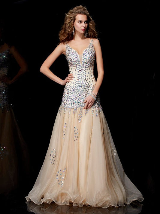 Sheath Organza V-neck Sleeveless Floor-Length With Beading Dresses