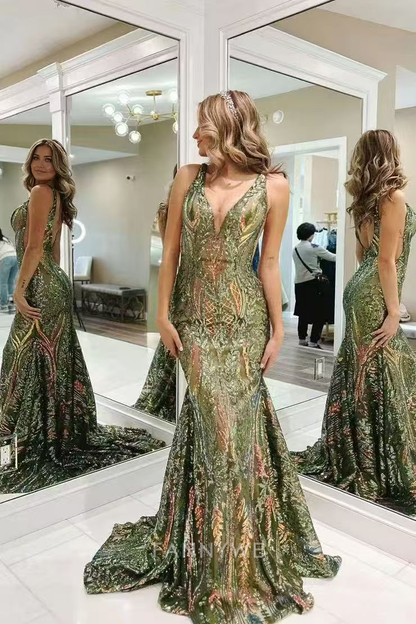 Mermaid Charming V Neck Sequin Lace Long formal dresses Bridesmaid Dresses evening gown Prom Dress