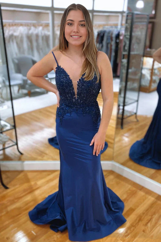 Meerjungfrau-Ballkleid mit V-Ausschnitt in Marineblau