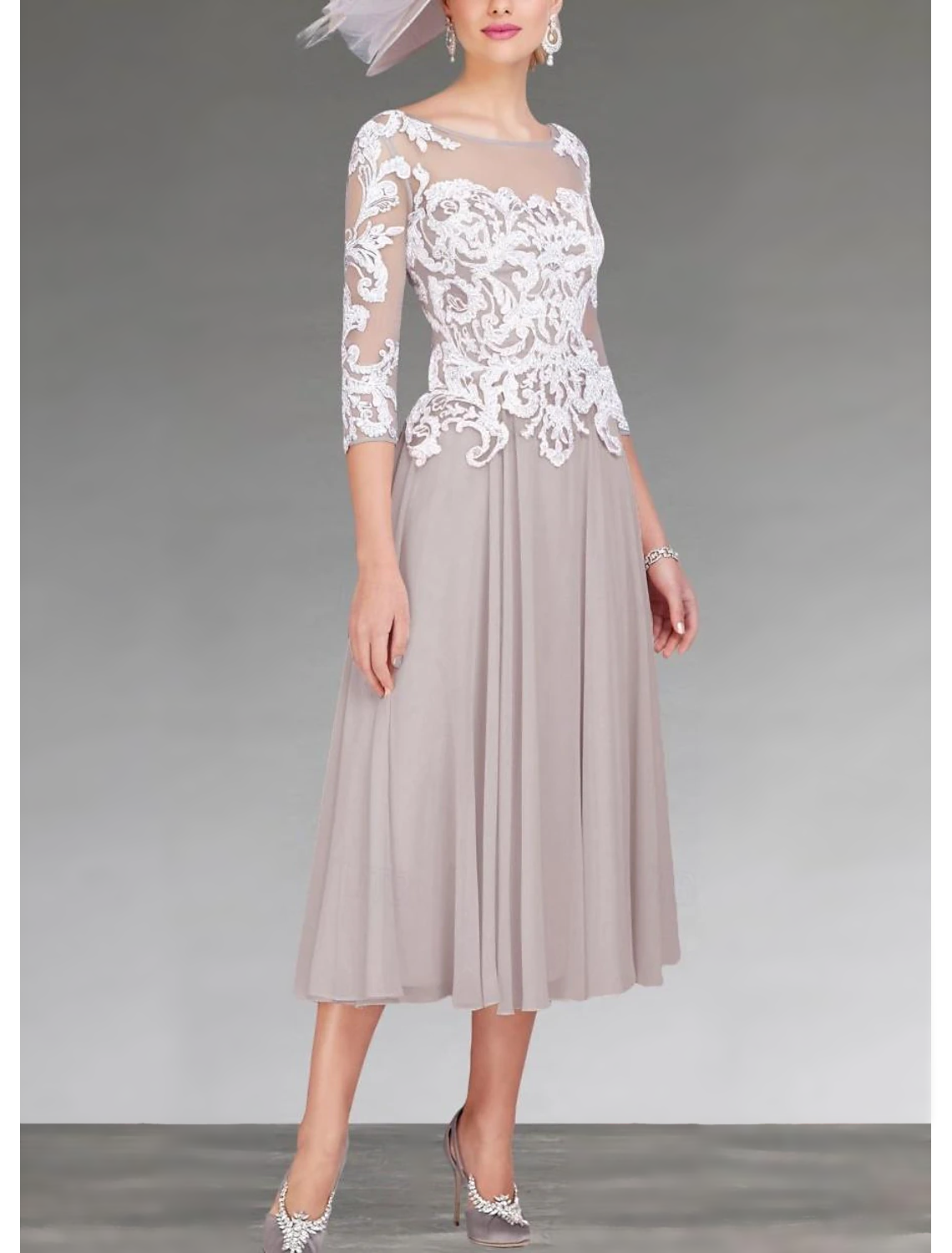 A-Line Mother of the Bride Dress Elegant Jewel Neck Asymmetrical Ankle Length Chiffon Lace 3/4 Length Sleeve with Appliques free custom size