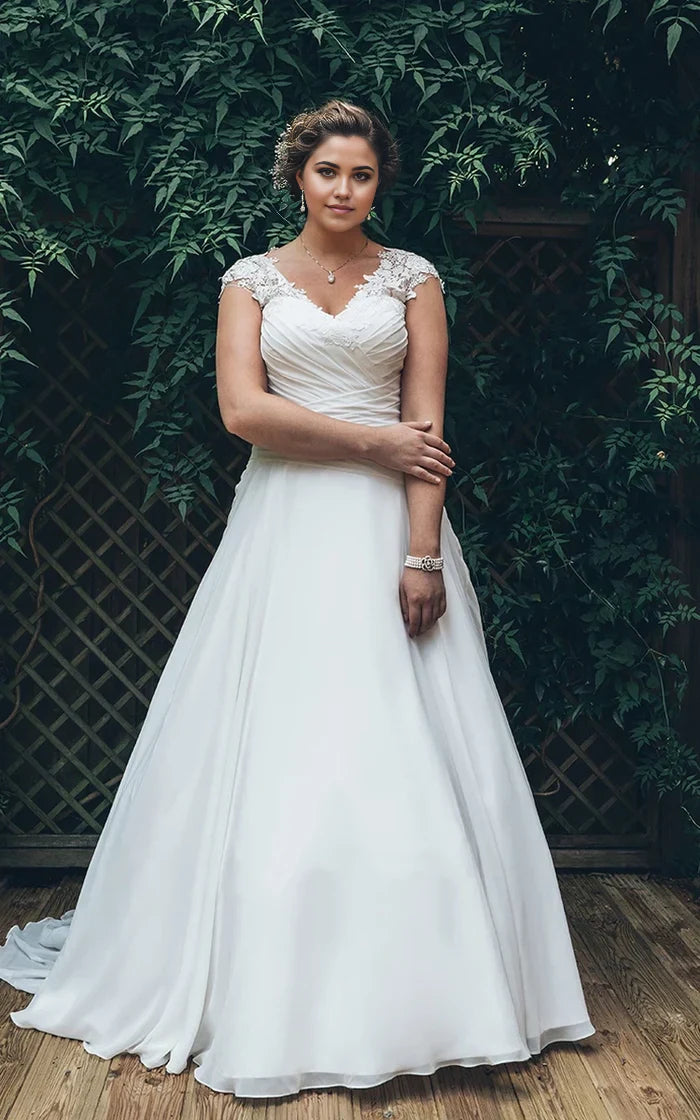 A-Line V-Neck Cap Chiffon Appliques Criss Cross Court Train Wedding Dresses