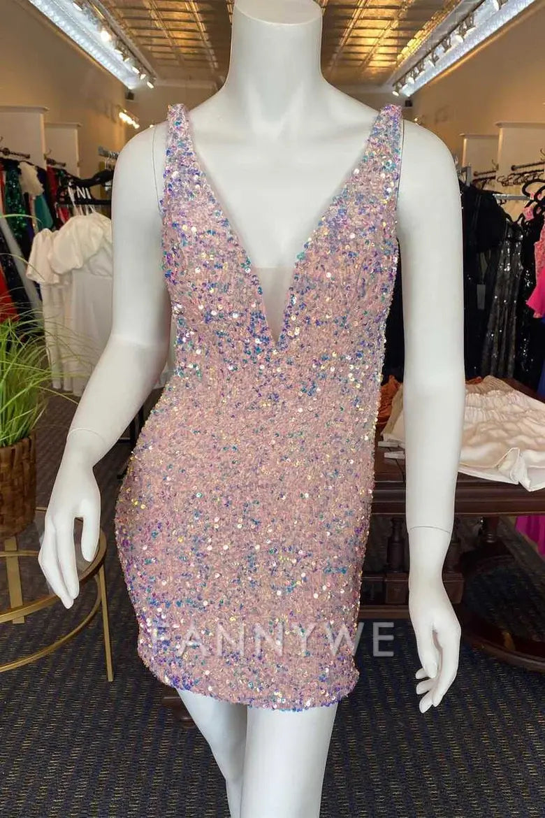 FannyWe Simple Pink Iridescent Sequins Plunge Mini Homecoming Dress formal wear dresses